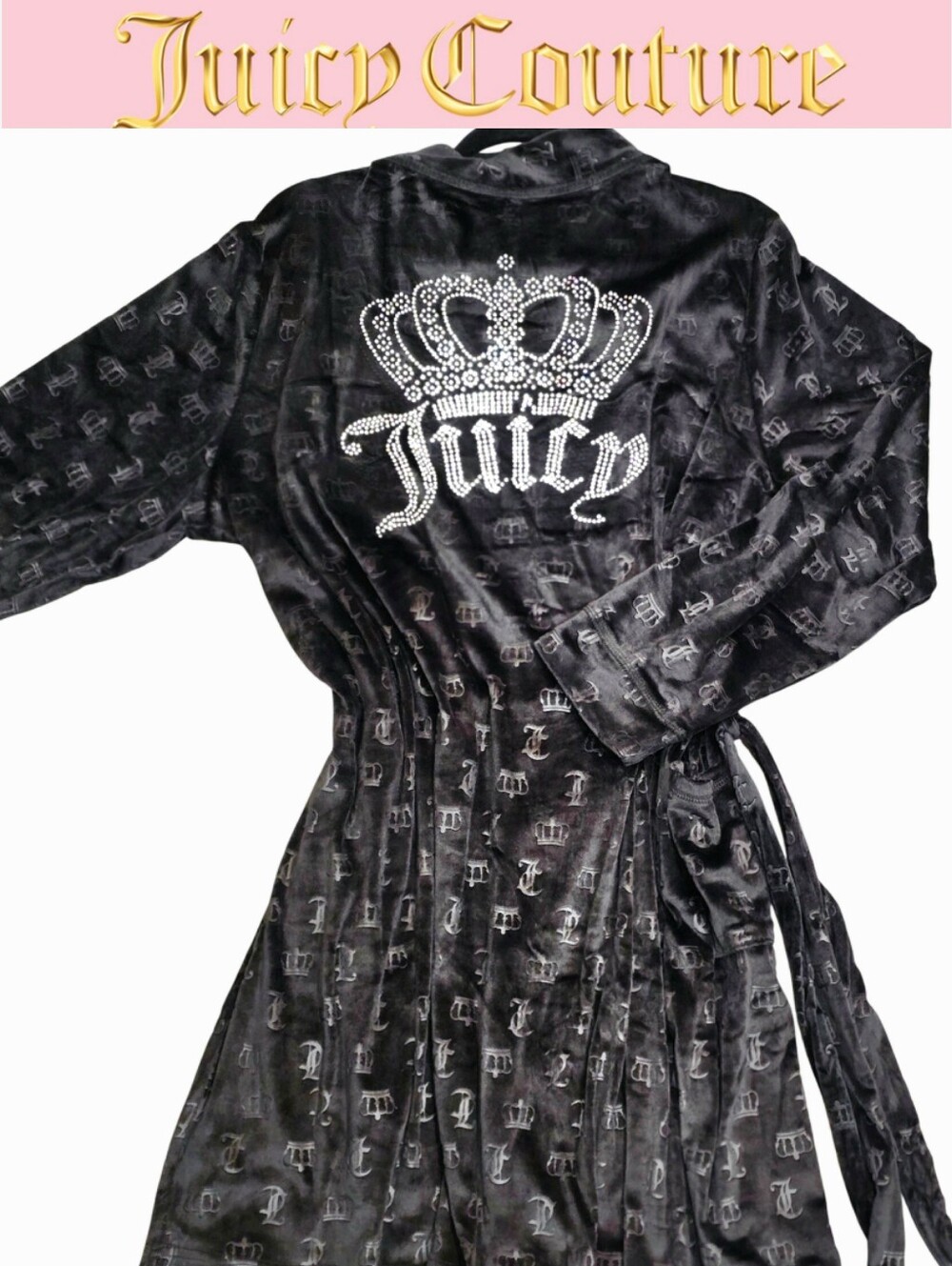 Juicy Couture Rhinestone Crown Logo JC Embossed Velour Robe- Black